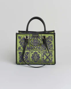 Borsa verde misura media My Best Bag in tessuto con ricami a rilievo tono su tono d'ispirazione orientale