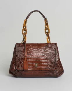 Borsa Visonà color ambra in pelle stampa cocco con manico a catena in resina e inserto abbinato