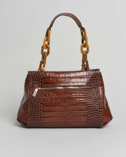 Borsa Visonà color ambra in pelle stampa cocco con manico a catena in resina e inserto abbinato