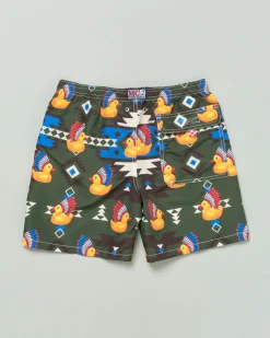 Boxer mare verde militare con stampa etnica e paperelle indiane