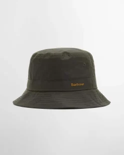 Bucket hat Besleay Barbour verde oliva in cotone cerato con fodera interna a fantasia tartan