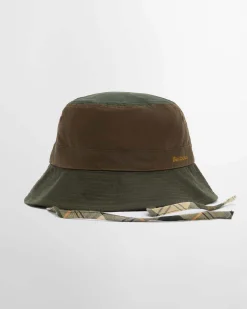 Bucket hat Brackley Barbour verde oliva in cotone cerato color block con cordini
