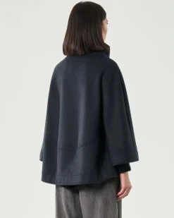 Caban blu melange Jurerê in velour di misto viscosa con collo alto e giromanica sceso