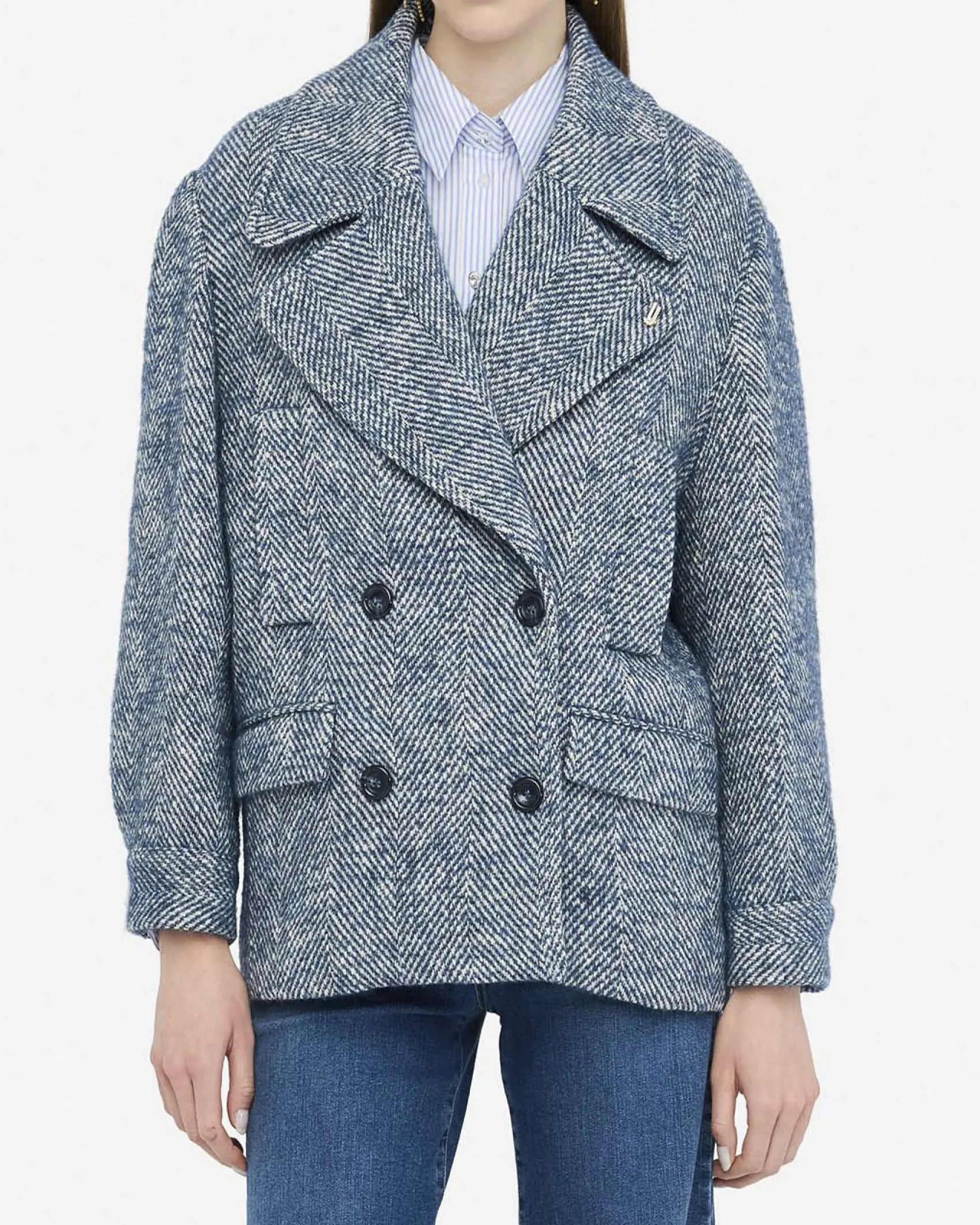 Caban Liu Jo azzurro misto lana alpaca con logo in rilievo