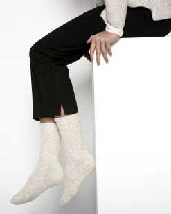 Calzettoni corti in misto cotone beige melange a coste