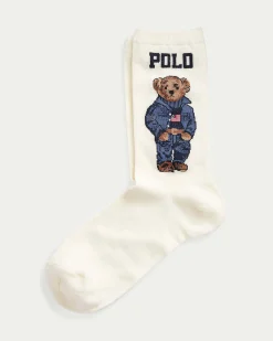 Calzini avorio in misto cotone con Polo Bear Ralph Lauren jacquard sul fianco