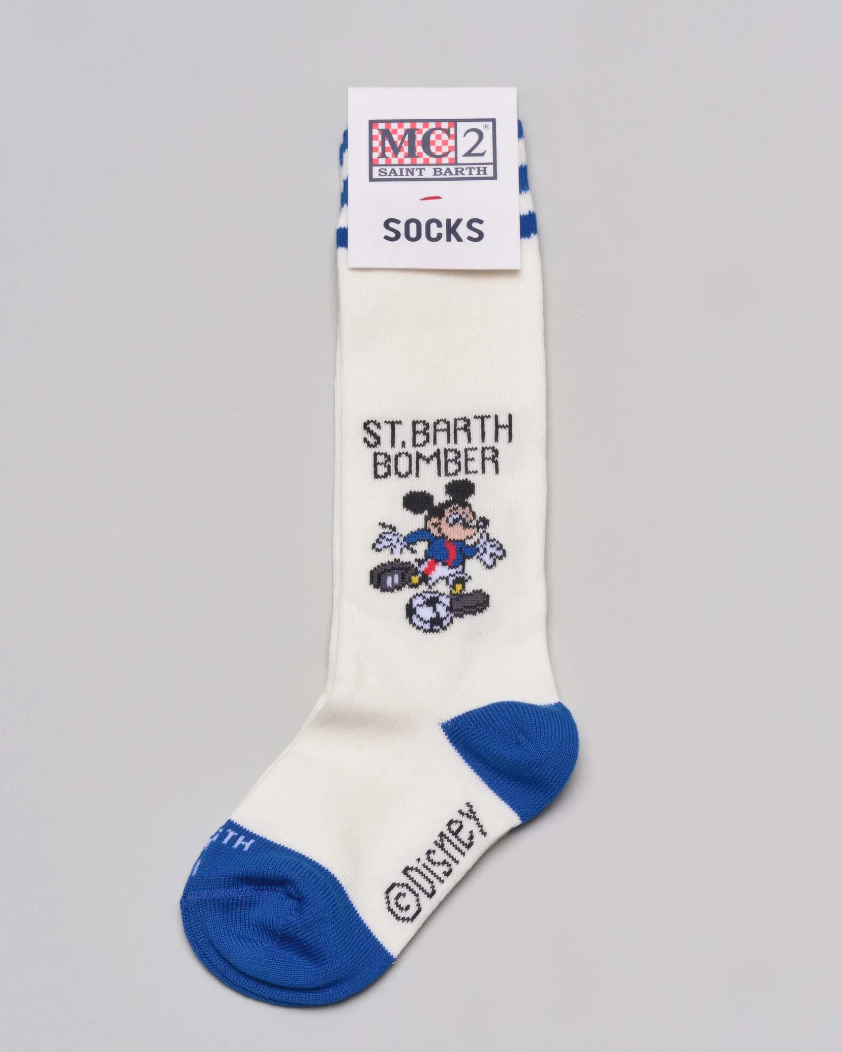 Calzini MC2 Saint Barth bianchi in cotone stretch con dettagli blu e stampa Mickey Bomber