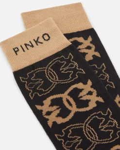 Calzini medi neri Pinko in misto cotone a fantasia jacquard monogramm color cammello