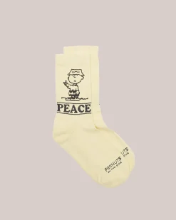 Calzino giallo in cotone con grafica Charlie Brown e scritta Peace