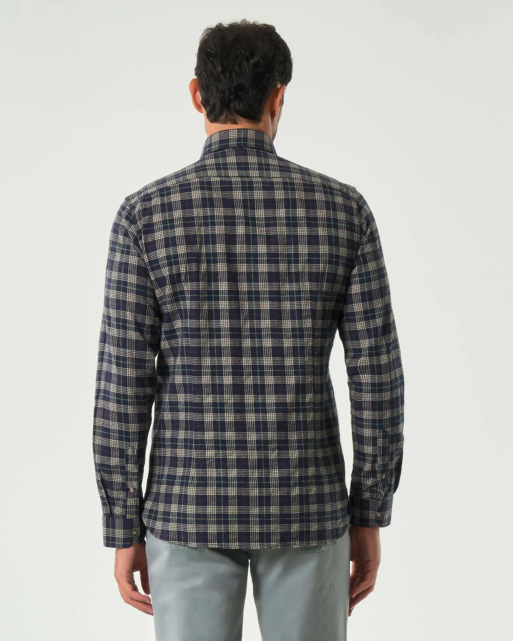 Camicia Alley Docks a quadretti blu e beige in flanella di puro cotone con bottoni automatici