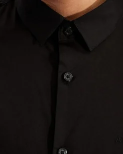 Camicia Armani Exchange nera in popeline di cotone stretch con logo ricamato al petto