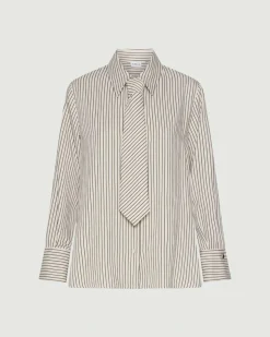 Camicia avorio a righe verde Marella in twill di misto viscosa lavato con cravatta coordinata
