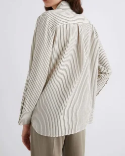 Camicia avorio a righe verde Marella in twill di misto viscosa lavato con cravatta coordinata