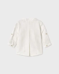 Camicia avorio in misto lino alla coreana con righe beige