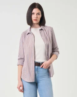 Camicia azzurra in cotone stretch a righe marroni