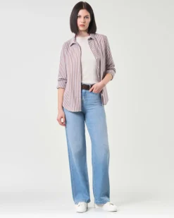 Camicia azzurra in cotone stretch a righe marroni