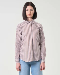 Camicia azzurra in cotone stretch a righe marroni