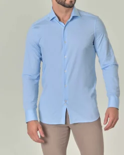 Camicia azzurra Pellizzari in tessuto tecnico diagonale con collo alla francese