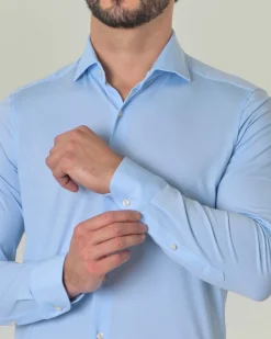 Camicia azzurra Pellizzari in tessuto tecnico diagonale con collo alla francese
