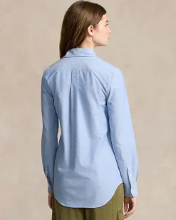 Camicia azzurra Polo Ralph Lauren in cotone Oxford con logo ricamato sul petto a contrasto