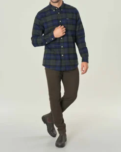 Camicia Barbour blu e verde fantasia check in flanella di puro cotone con collo button down e taschino