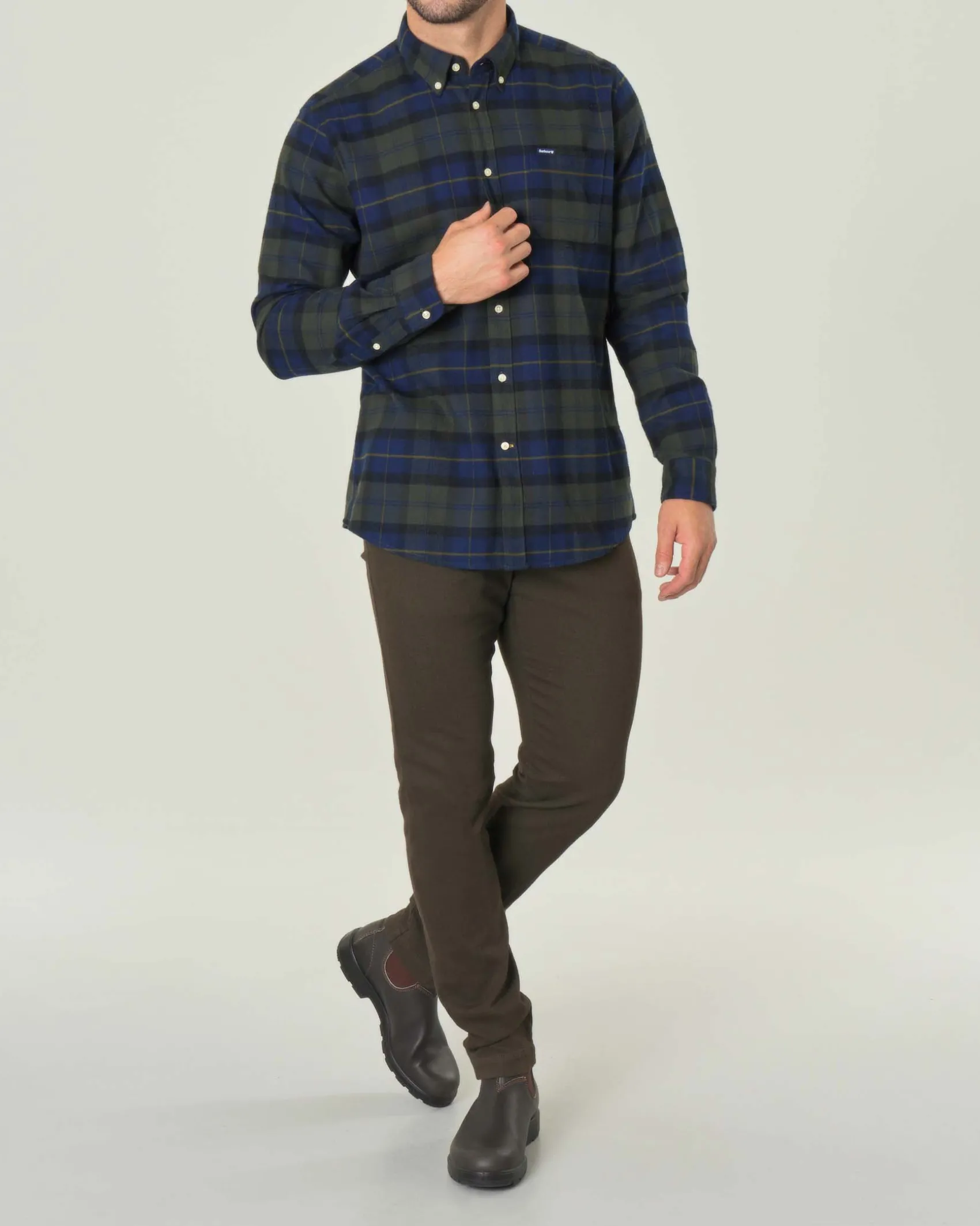 Camicia Barbour blu e verde fantasia check in flanella di puro cotone con collo button down e taschino