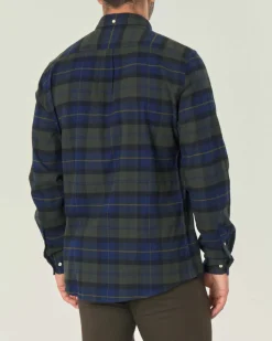 Camicia Barbour blu e verde fantasia check in flanella di puro cotone con collo button down e taschino
