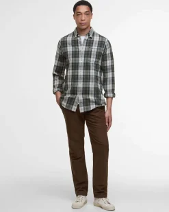 Camicia Barbour check grigia e militare in flanella di puro cotone con collo button down e taschino