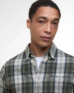 Camicia Barbour check grigia e militare in flanella di puro cotone con collo button down e taschino