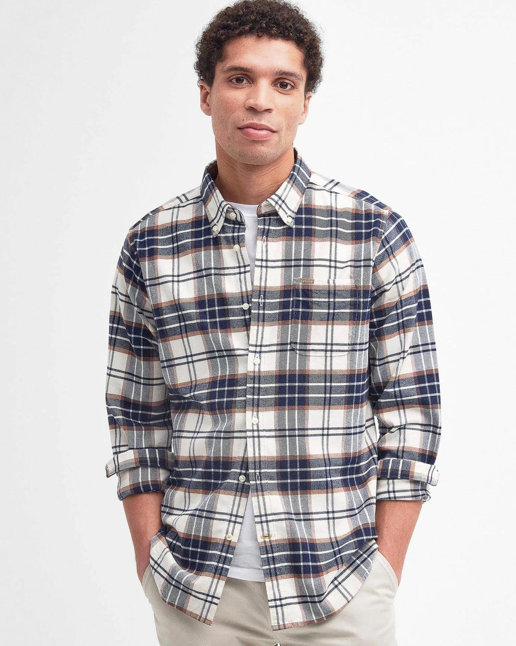 Camicia Barbour Portdown in fantasia check bianca e blu con colletto button down