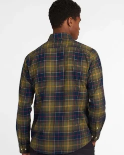 Camicia Barbour tartan check verde militare e blu in flanella di puro cotone con collo button down