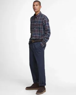 Camicia Barbour tartan check marrone e blu in flanella di puro cotone con collo button down