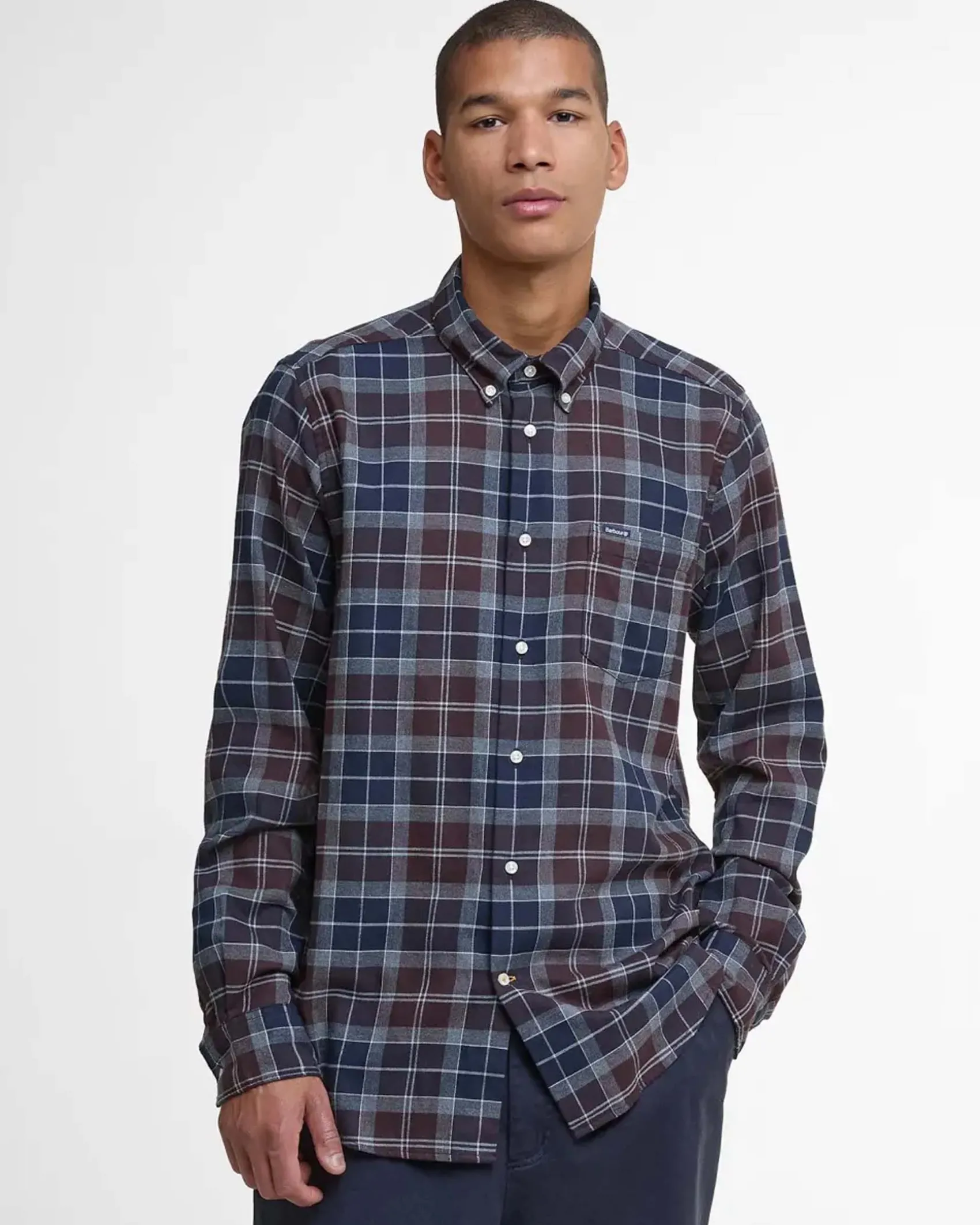 Camicia Barbour tartan check marrone e blu in flanella di puro cotone con collo button down