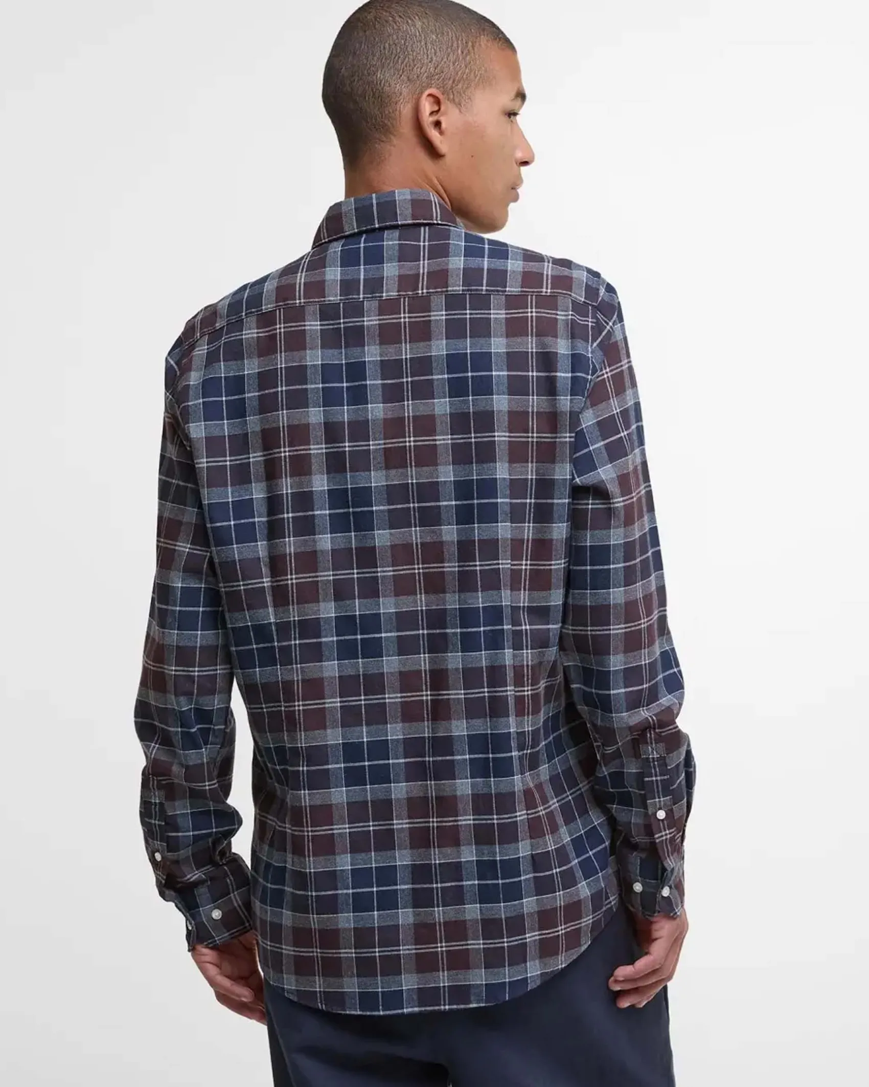 Camicia Barbour tartan check marrone e blu in flanella di puro cotone con collo button down