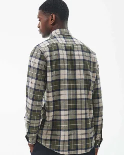 Camicia Barbour tartan check verde militare e beige in flanella di puro cotone con collo button down