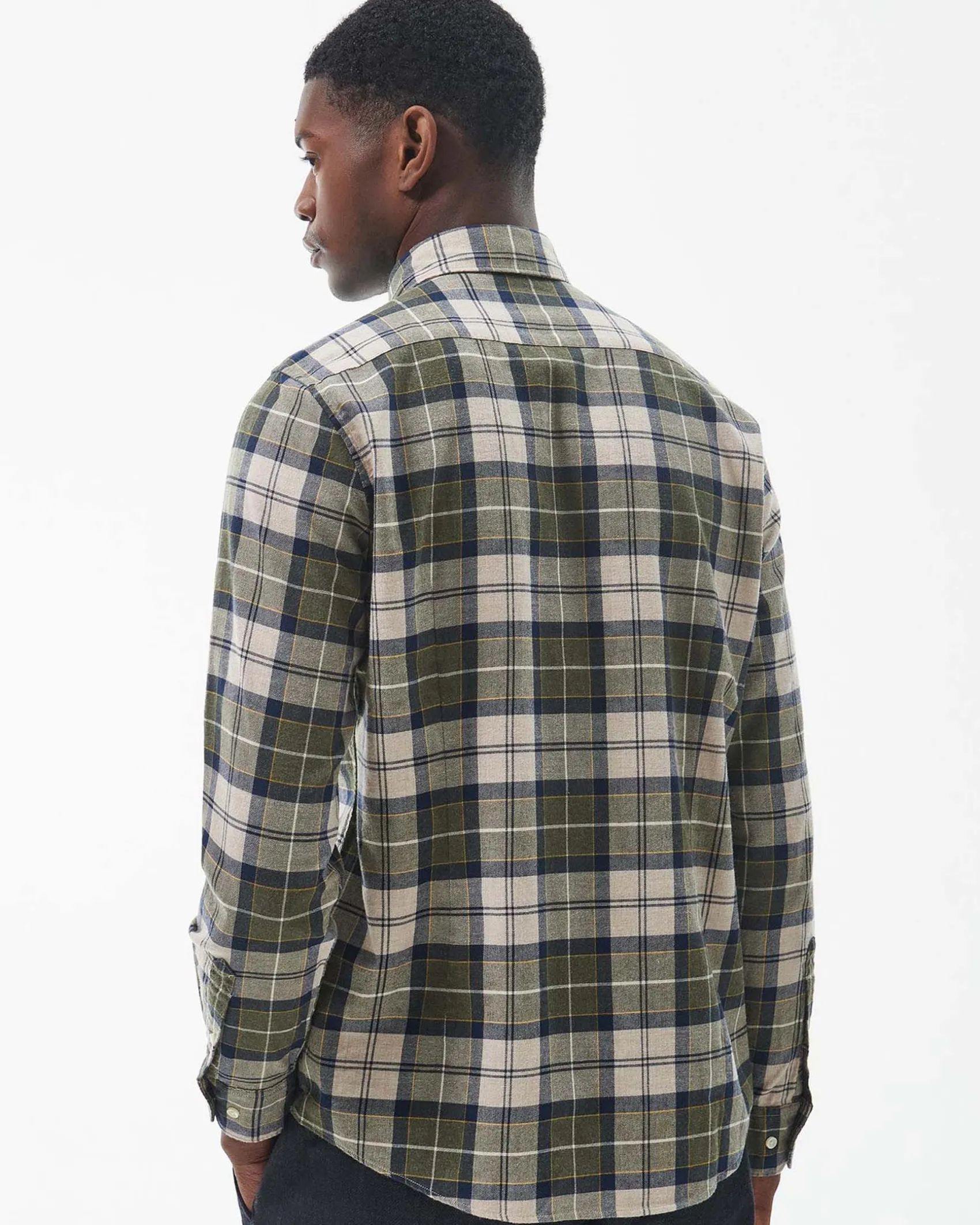 Camicia Barbour tartan check verde militare e beige in flanella di puro cotone con collo button down