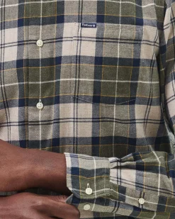 Camicia Barbour tartan check verde militare e beige in flanella di puro cotone con collo button down