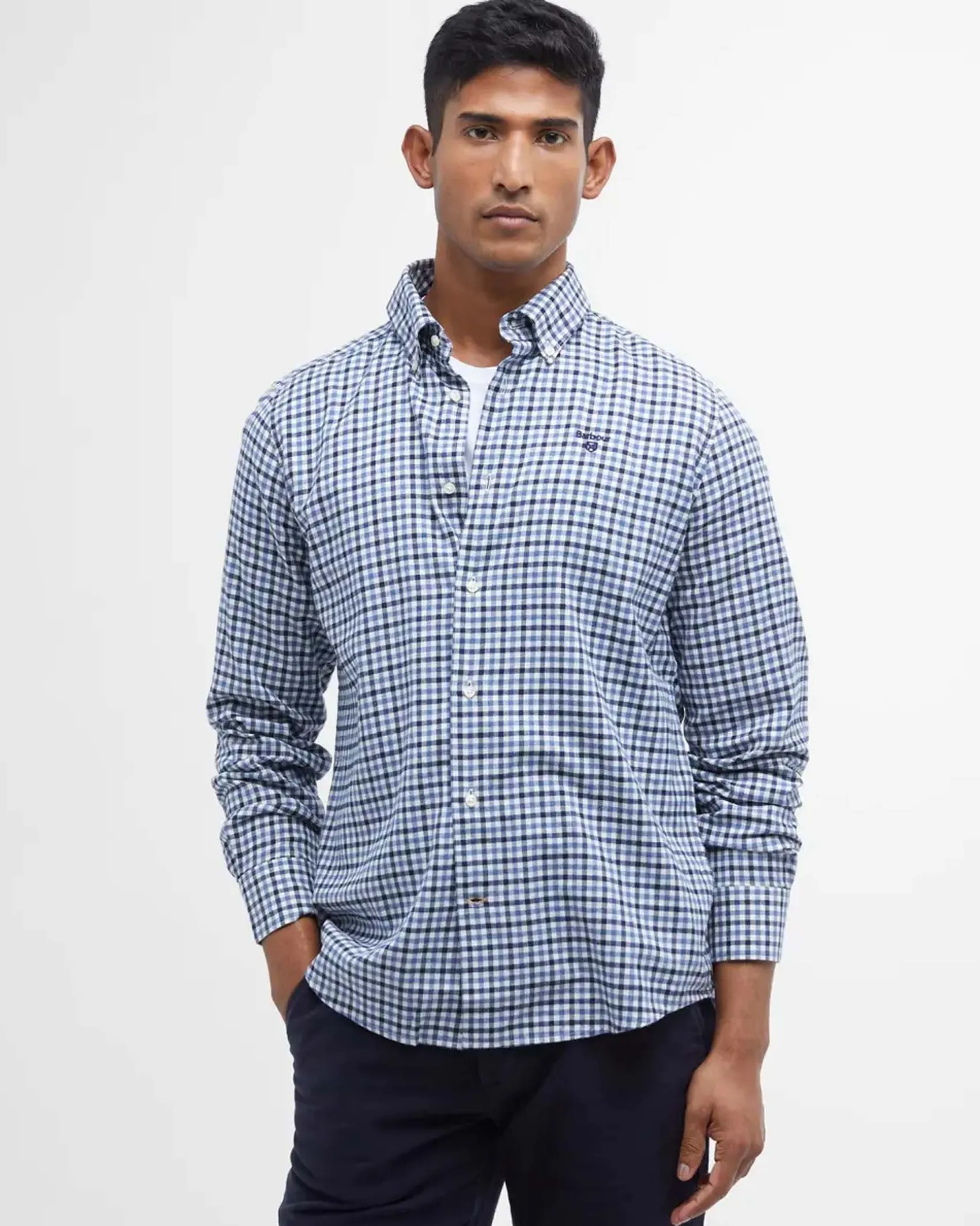 Camicia Barbour vichy azzurra bianca e blu in flanella di puro cotone con collo button down