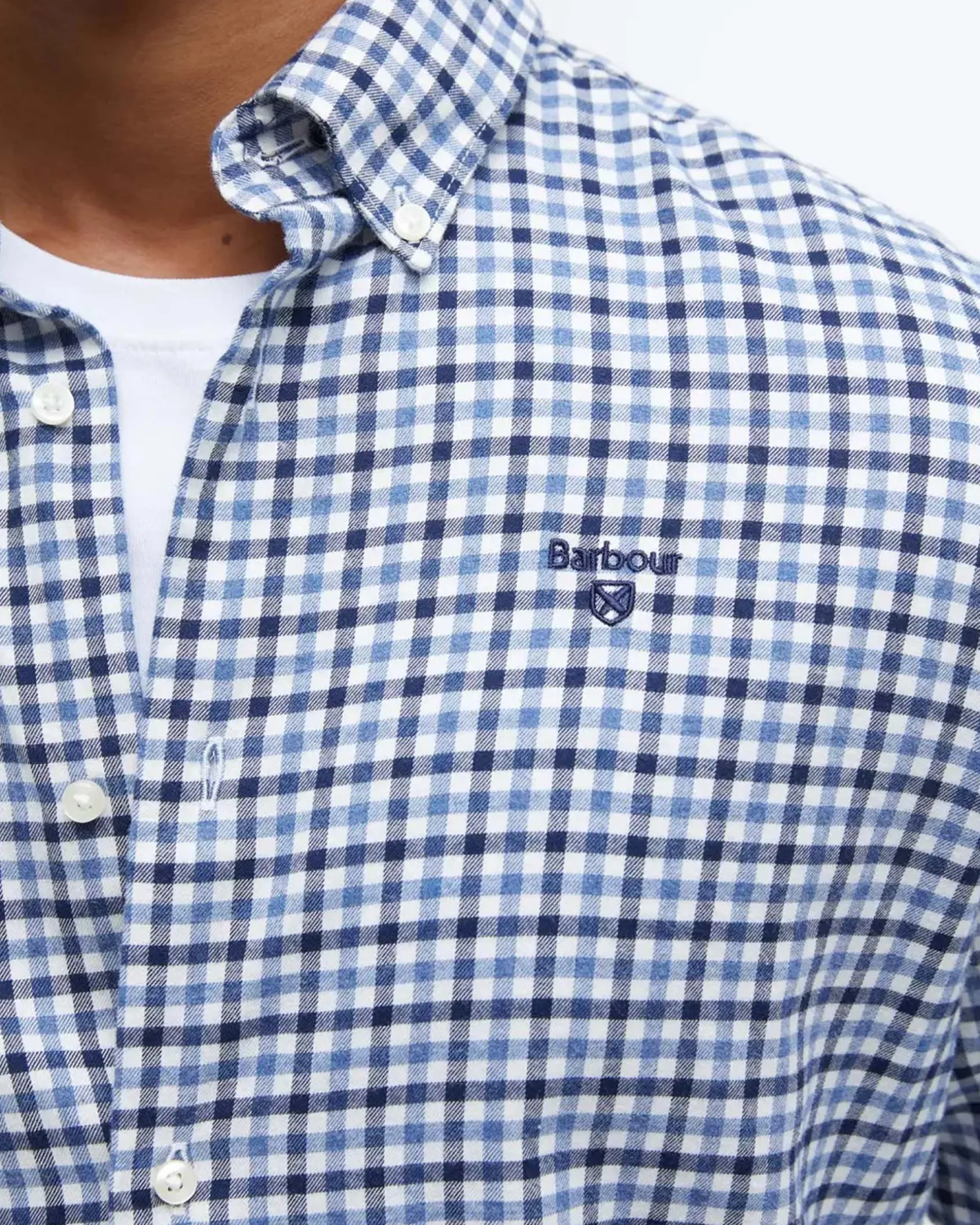 Camicia Barbour vichy azzurra bianca e blu in flanella di puro cotone con collo button down