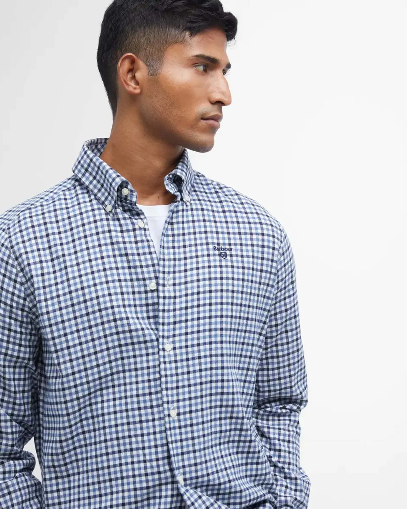 Camicia Barbour vichy azzurra bianca e blu in flanella di puro cotone con collo button down