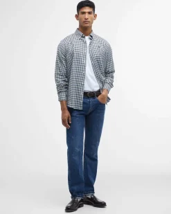 Camicia Barbour vichy militare bianca e blu in flanella di puro cotone con collo button down