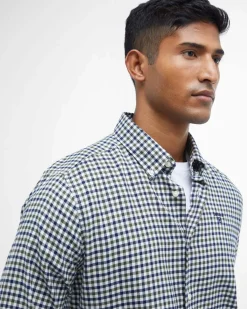 Camicia Barbour vichy militare bianca e blu in flanella di puro cotone con collo button down