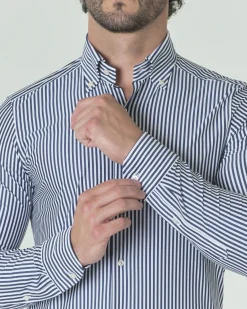 Camicia bastoncino Pellizzari bianca e blu in tessuto tecnico hyper comfort con collo button down