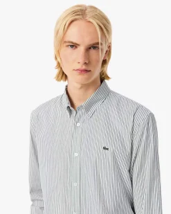Camicia bianca a righe verdi Lacoste in cotone pinpoint con collo button down