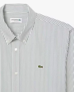 Camicia bianca a righe verdi Lacoste in cotone pinpoint con collo button down