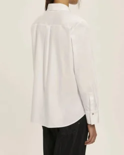 Camicia bianca Emme Marella in popeline di cotone con strass e perline applicati lungo la chiusura centrale