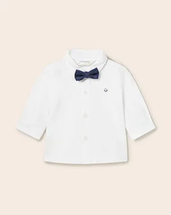 Camicia bianca in popeline di cotone con papillon blu indaco in twill 6-18 mesi