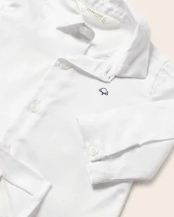 Camicia bianca in popeline di cotone con papillon blu indaco in twill 6-18 mesi