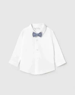 Camicia bianca in popeline di cotone con papillon blu avio in twill