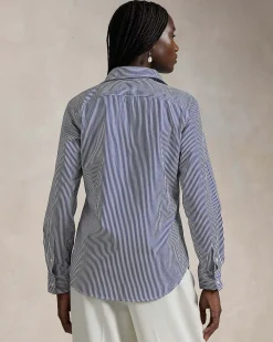 Camicia blu a righe bianche Polo Ralph Lauren in popeline di cotone con logo blu ricamato sul petto